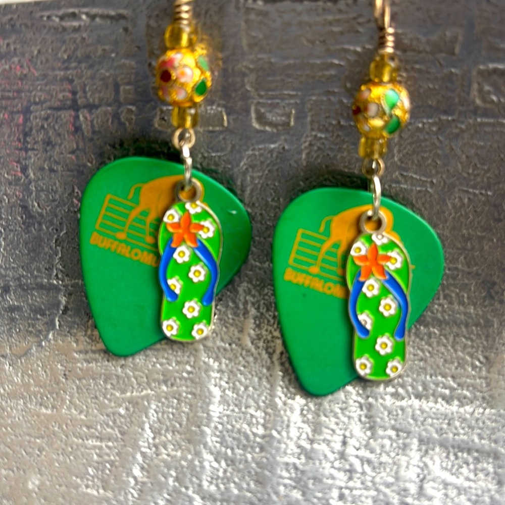 Supercool Green Guitar pick and enameled flip flop Dangle Earrings